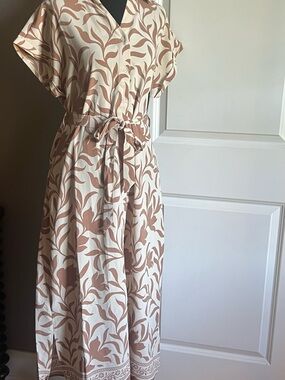 Self-Tie Floral Maxi Dress in Cream and Brown